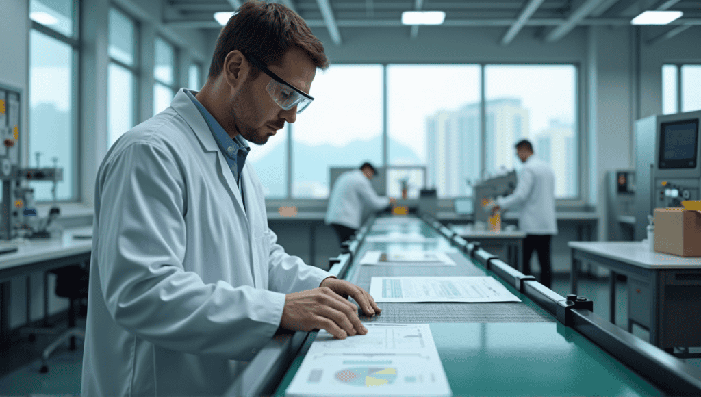 Quality control technician inspecting products on a conveyor belt in a modern laboratory.