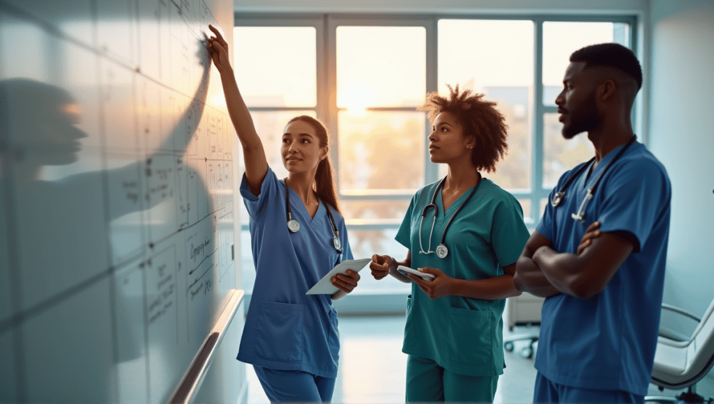 Diverse healthcare workers discussing ideas on a whiteboard in a professional setting.