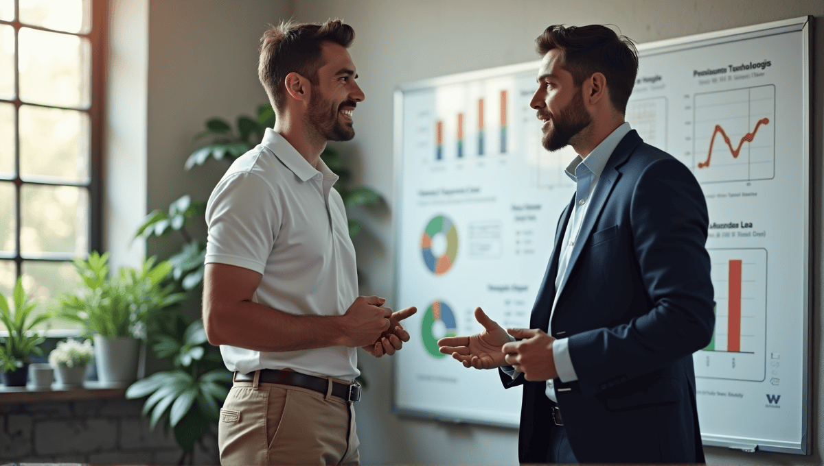 Two professionals discussing Lean and Six Sigma methodologies in an organized office environment.