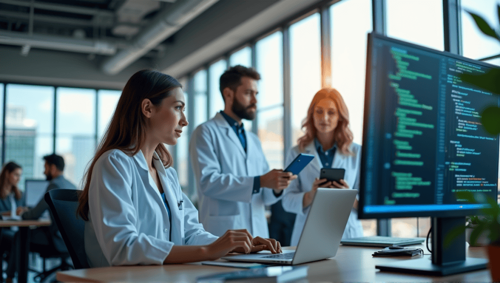 professionals in data science and computer science collaborating in a modern office setting.