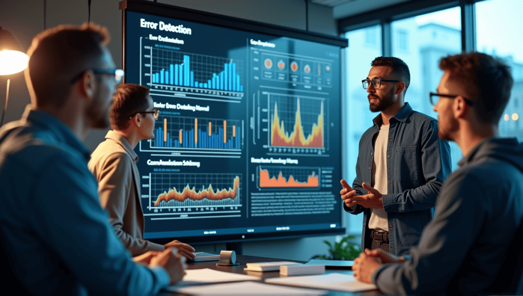 Engineers in safety glasses discussing error detection methods at a digital screen in an office.