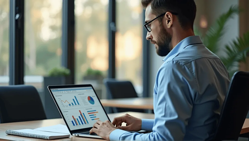 Statistician analyzing data on laptop with notepad in modern office setting.