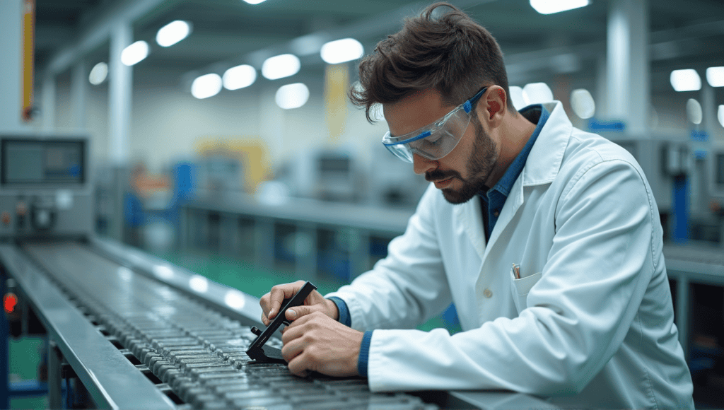 Quality control inspector in a lab coat inspecting products on a conveyor belt.