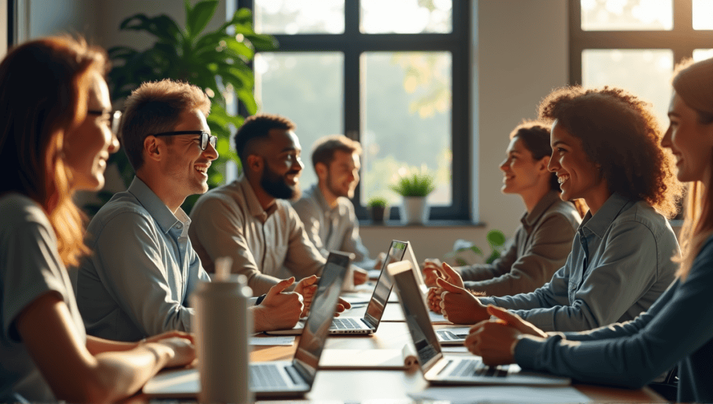 Group of professionals engaged in a virtual meeting, surrounded by personal items and lively expressions.