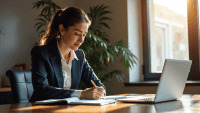 Professional woman in business suit establishing development goals at a wooden desk.