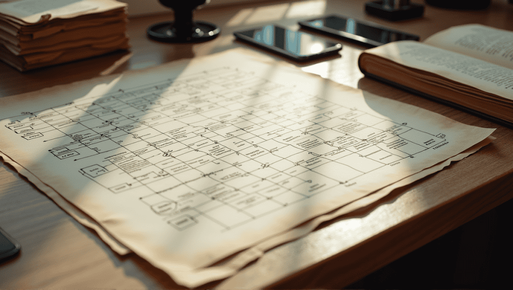 Workflow chart on wooden desk surrounded by manuscripts and digital devices, illustrating workflow evolution.