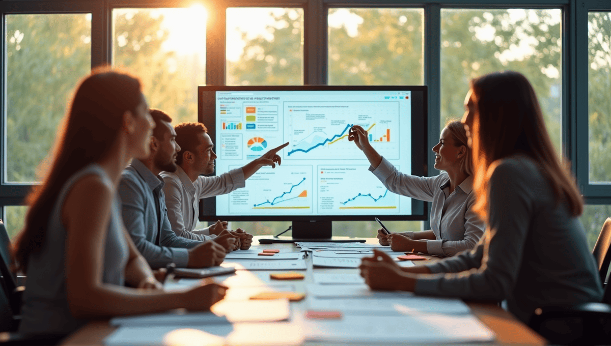 Team of professionals brainstorming around a table with charts and notes in a modern office.