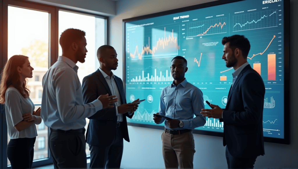 Professionals discussing trend analysis around a digital screen with graphs and data charts.