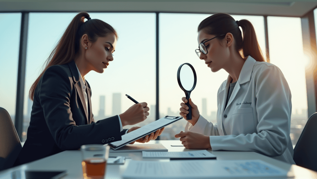 Two professionals in an office, one with a checklist for quality assurance and another inspecting samples.