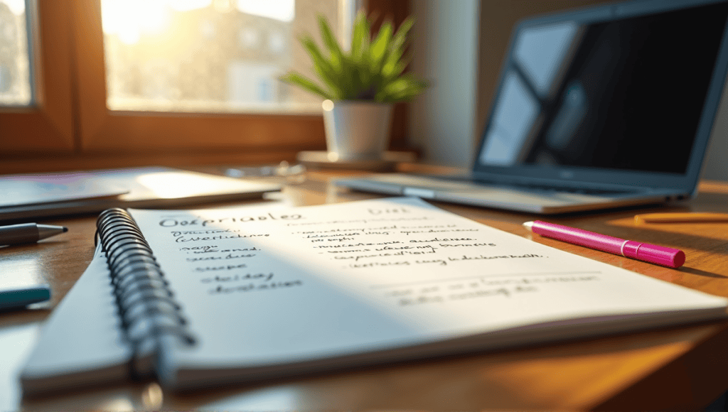 Open notebook with organized notes on a wooden desk surrounded by creative tools.