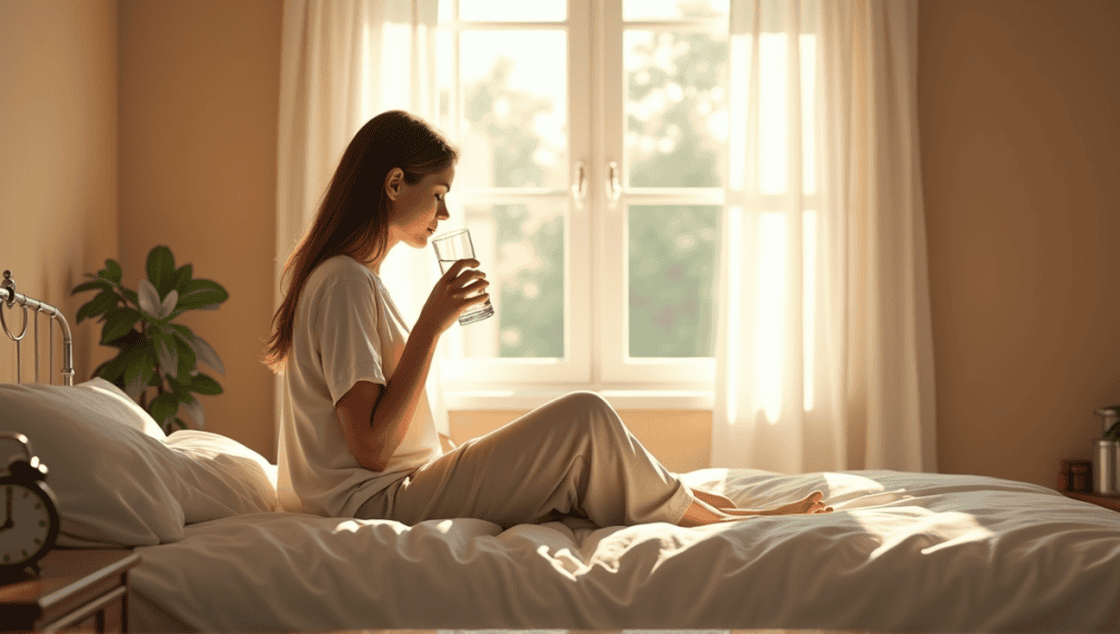 Cozy bedroom with a person enjoying a glass of water in morning sunlight.