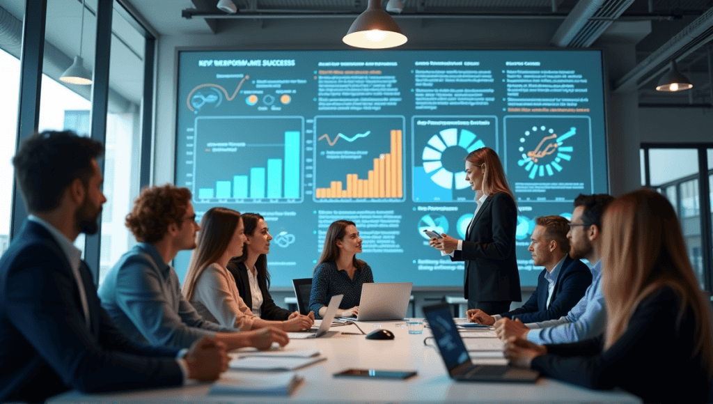 Diverse professionals brainstorming in a modern office, evaluating creative strategy success with charts.