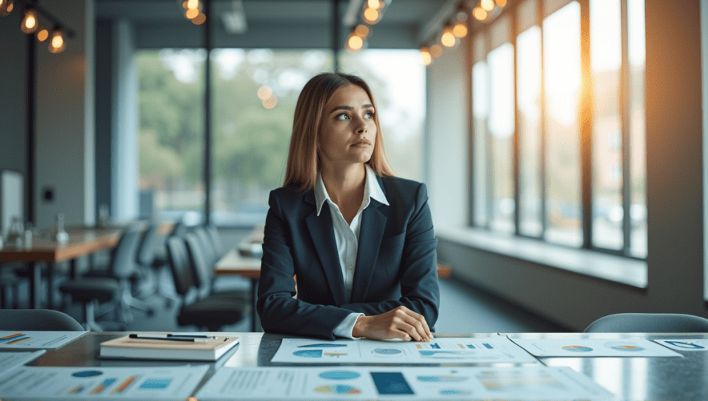 Thoughtful business professional in suit at conference table with charts and graphs.