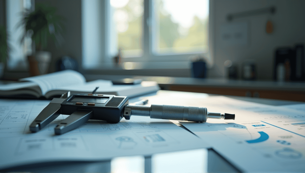 Close-up of a precision measurement tool in a laboratory workspace surrounded by notebooks and graphs.