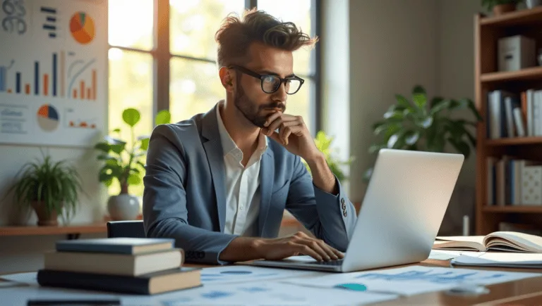 Thoughtful statistician in smart casual attire analyzing data on a laptop in an office.