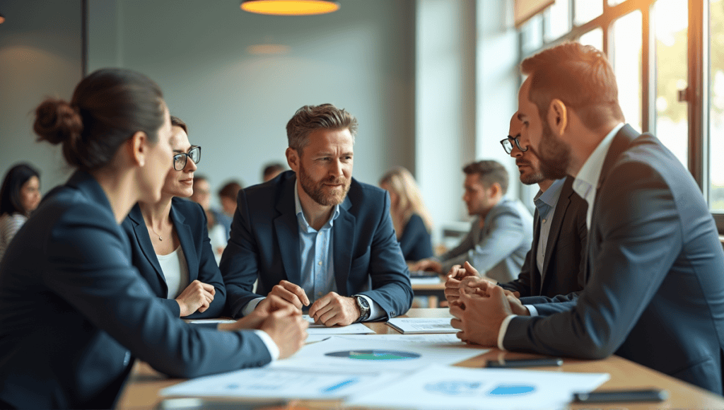 professionals collaborating in an Agile workspace, discussing projects around a table.