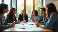 Professionals collaborating around a table with charts in a bright office setting.