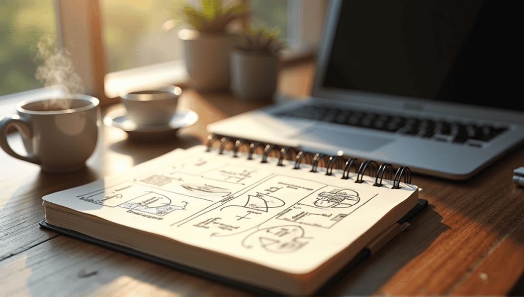 Open notebook with decision-making diagrams, laptop, and coffee cup on a wooden desk.