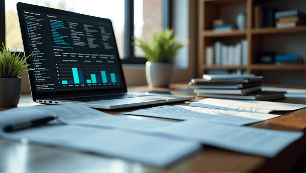 Organized workspace with tools for sanity testing, laptop displaying software comparison chart.