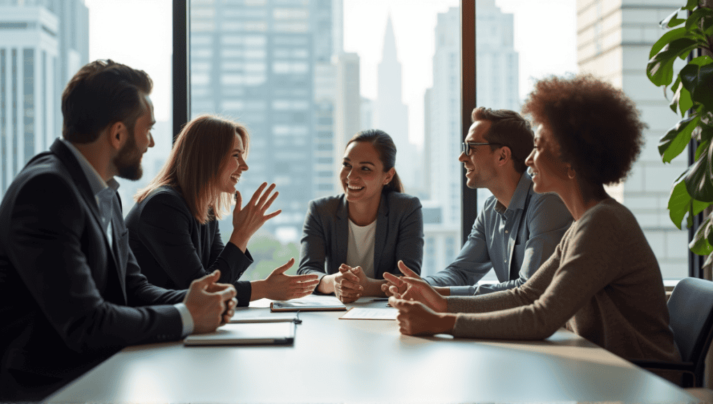 Group of professionals discussing strategies around a conference table in a modern office.