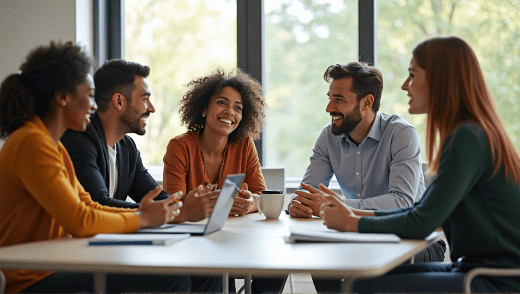 Group of professionals engaged in discussion around a modern conference table in an office.