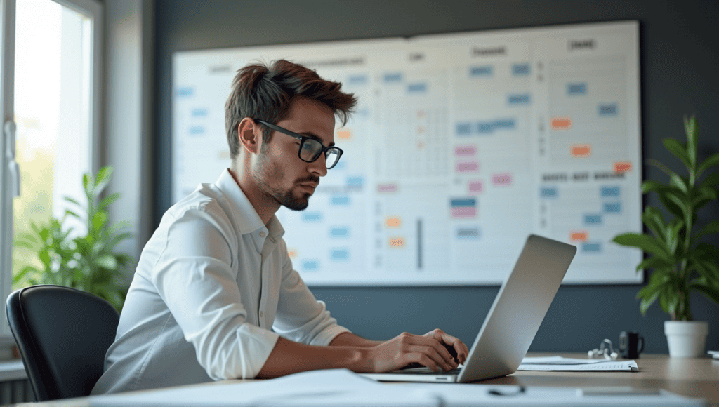 Focused project administrator at desk, surrounded by documents and laptop, wearing glasses.