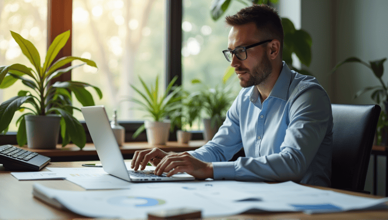 Program manager in smart casual attire engaging in a video call at a spacious desk.