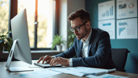 Focused analyst in smart casual attire analyzing charts on a digital tablet at modern desk.