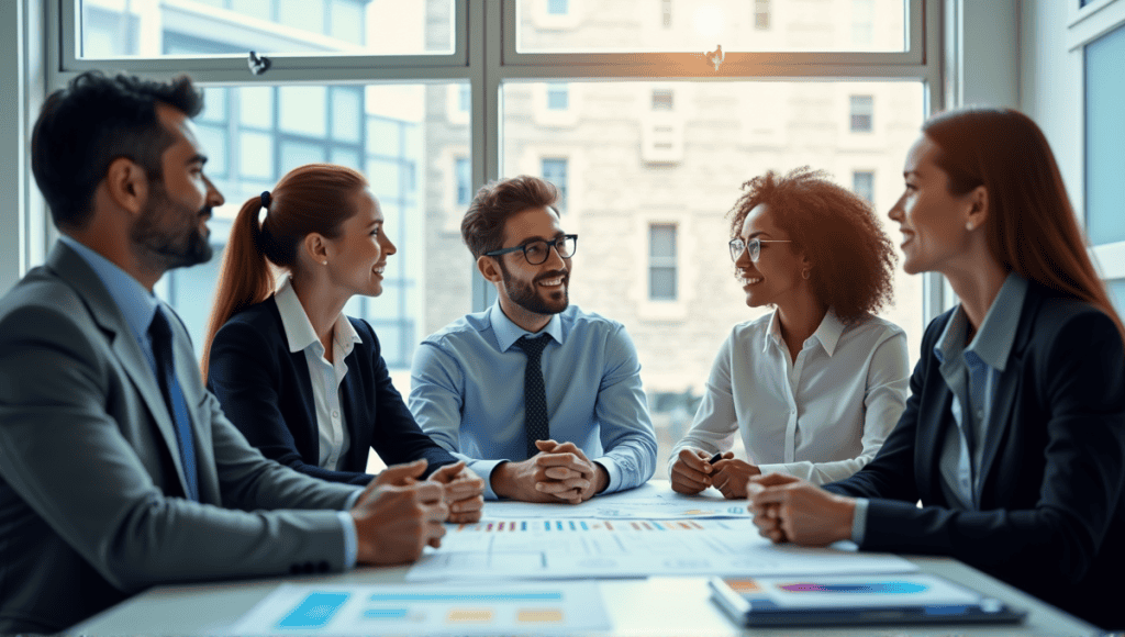 Diverse business professionals discussing process analysis surrounded by charts and flow diagrams.