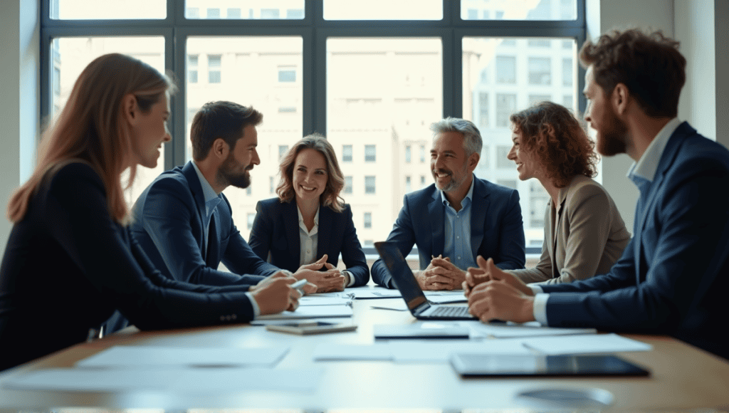 Diverse professionals in business attire collaborating around a table filled with documents and devices.