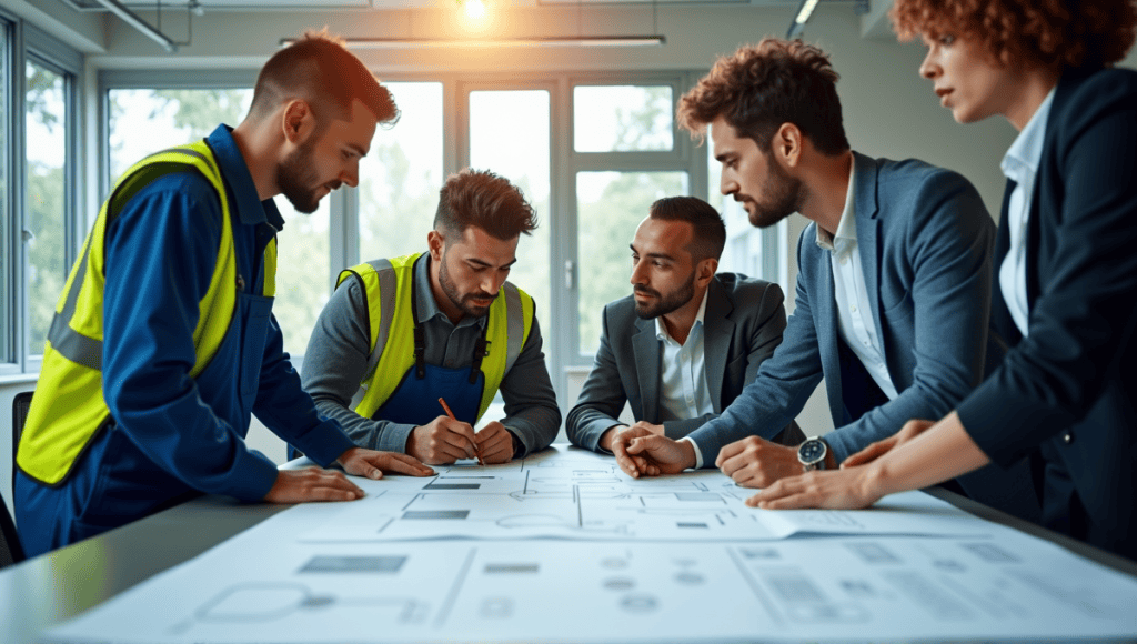 Engineers collaborating on blueprints for an event tree in a modern office setting.