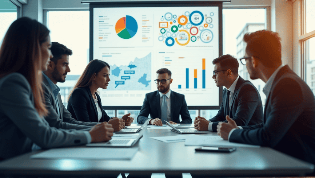 professionals in a business meeting, analyzing charts and diagrams in a modern office.