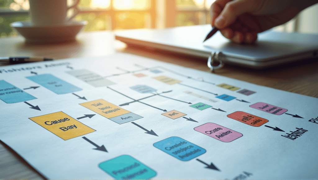 Detailed Fishbone Diagram with labeled sections, colorful arrows, and icons for categories.