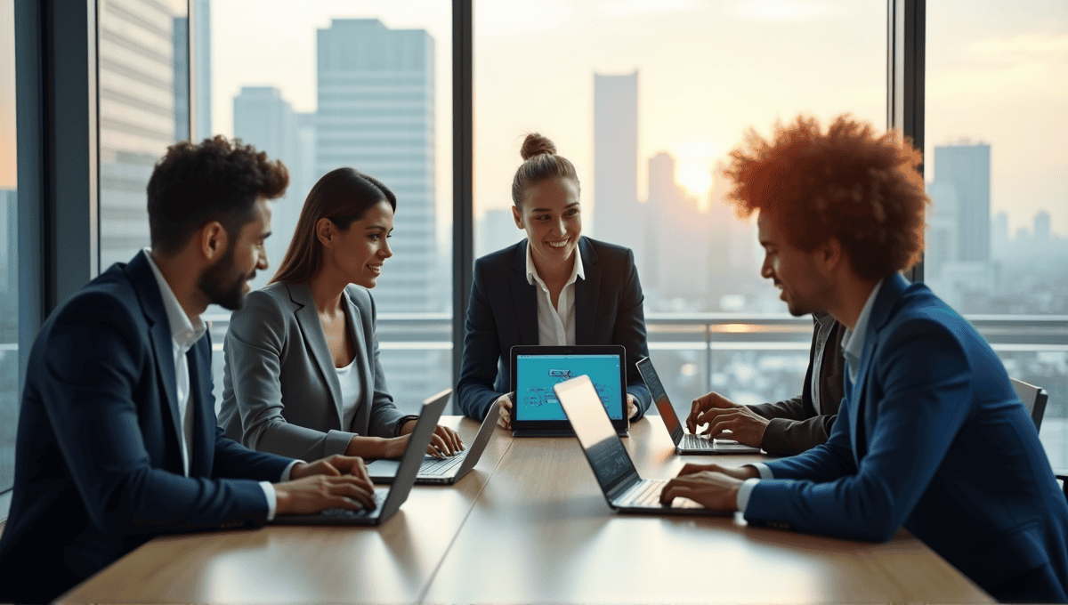 Team of professionals discussing project management tools at a modern conference table.