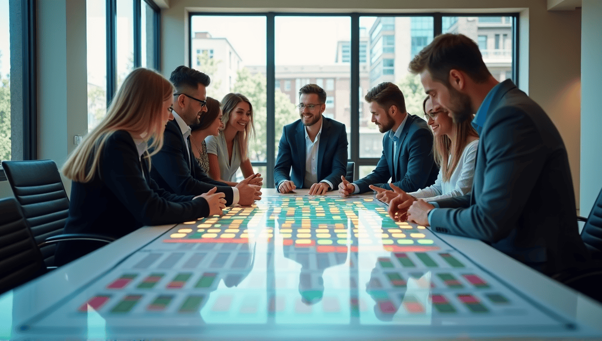 Diverse professionals collaborating on a digital workflow chart in a modern office.