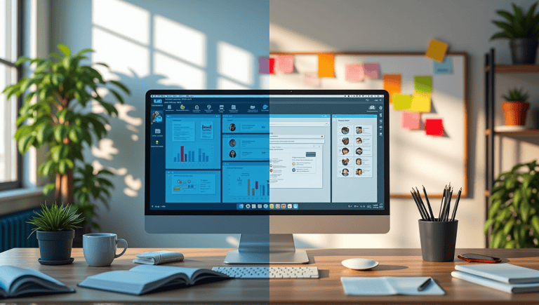 Side-by-side comparison of organized and creative workspaces with project management tools.