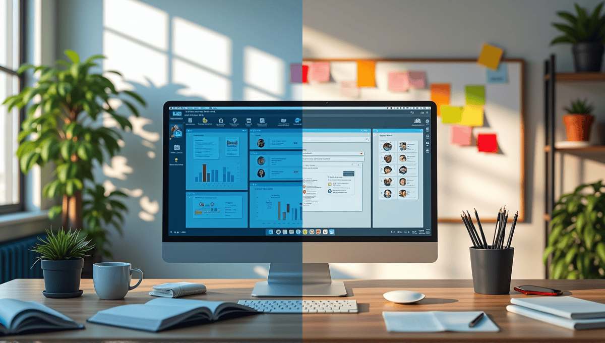 Side-by-side comparison of organized and creative workspaces with project management tools.