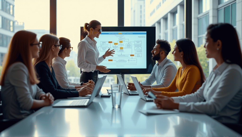 Diverse professionals in a meeting, discussing flowchart improvements and enhancing productivity.