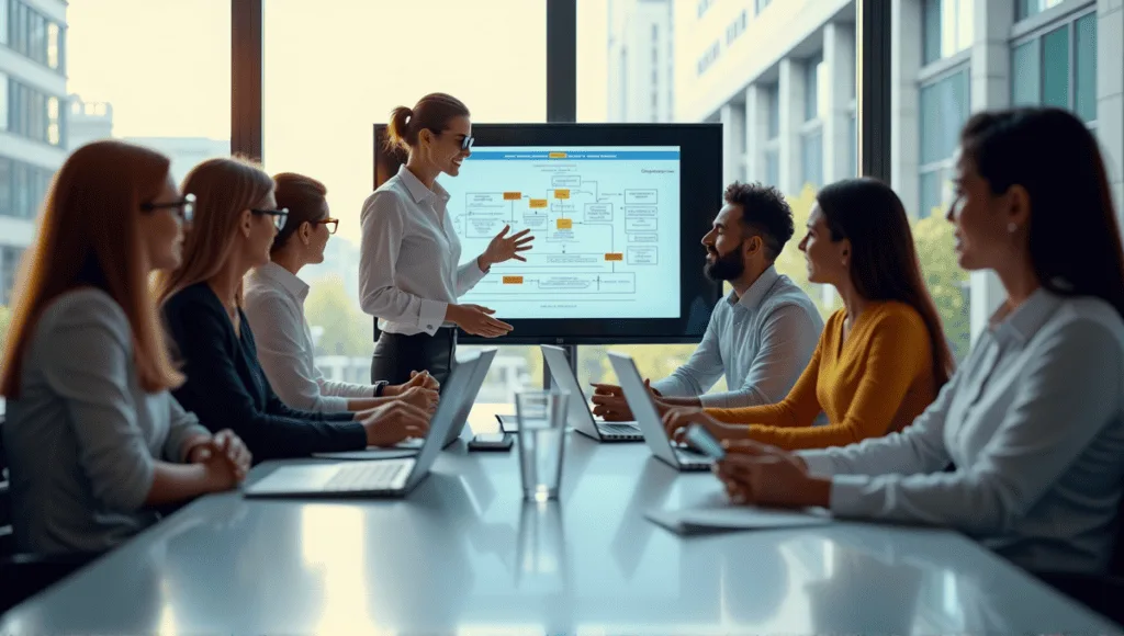 Diverse professionals in a meeting, discussing flowchart improvements and enhancing productivity.