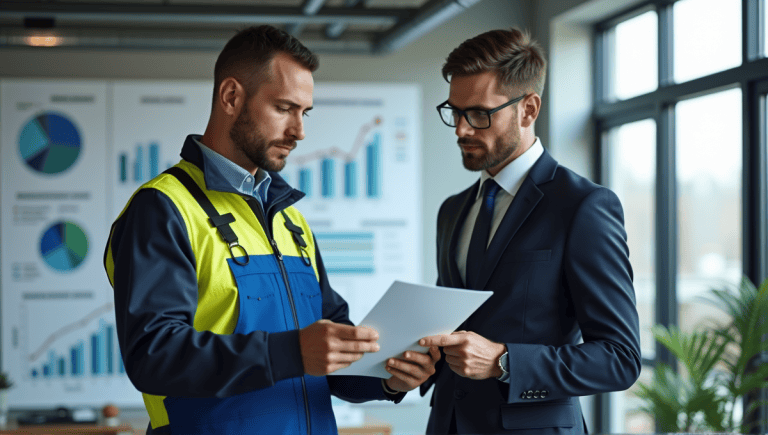 Two professionals discussing quality control in a modern office, surrounded by charts and graphs.