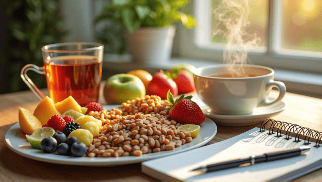 Neatly arranged breakfast table with colorful fruits, whole grains, herbal tea, planner, and pen.