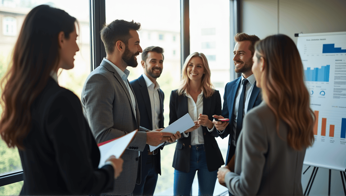 Group of professionals discussing ideas in a modern conference room with charts visible.