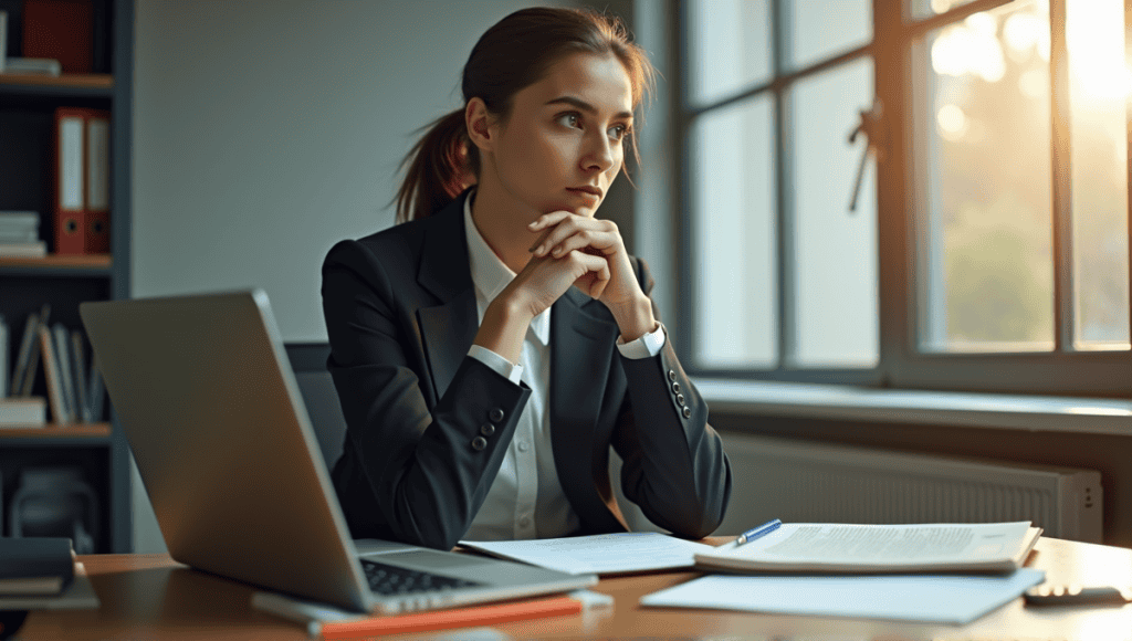 Thoughtful professional in business attire reflecting in a modern office with notes and laptop.