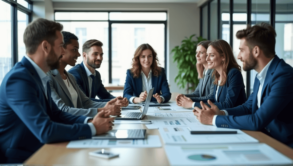 Diverse professionals in a conference room discuss projects around a large table.