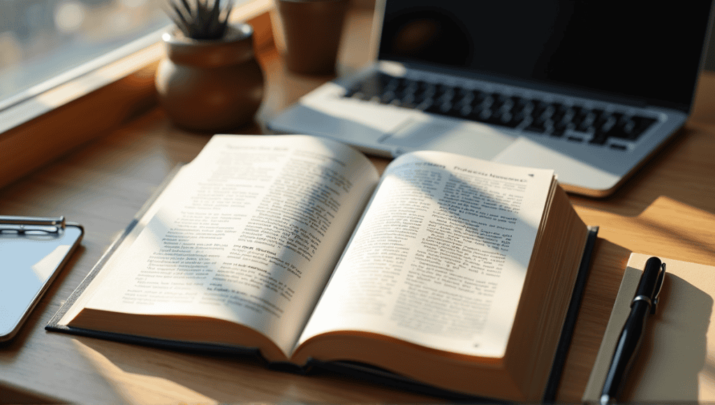 Open glossary book on a wooden desk with project management terms, notes, and a laptop.