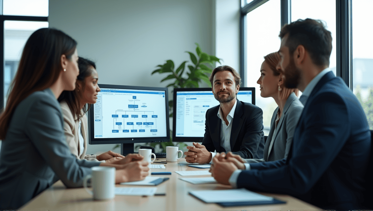 Modern office workspace with professionals in a meeting, using fault tree analysis software.