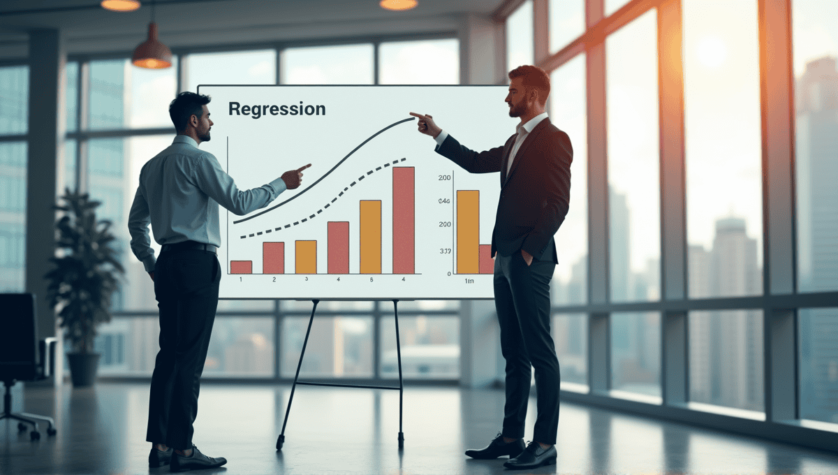 Smart casual figure next to a regression graph, formal figure pointing at classification bar chart.