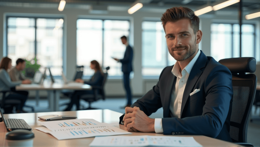 Professional project administrator in tailored suit at desk with plans and documents.