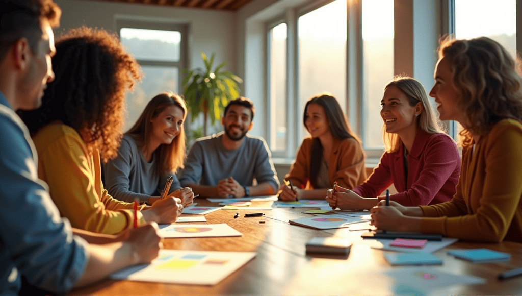 Diverse individuals brainstorming at a wooden table with colorful sticky notes and sketch pads.