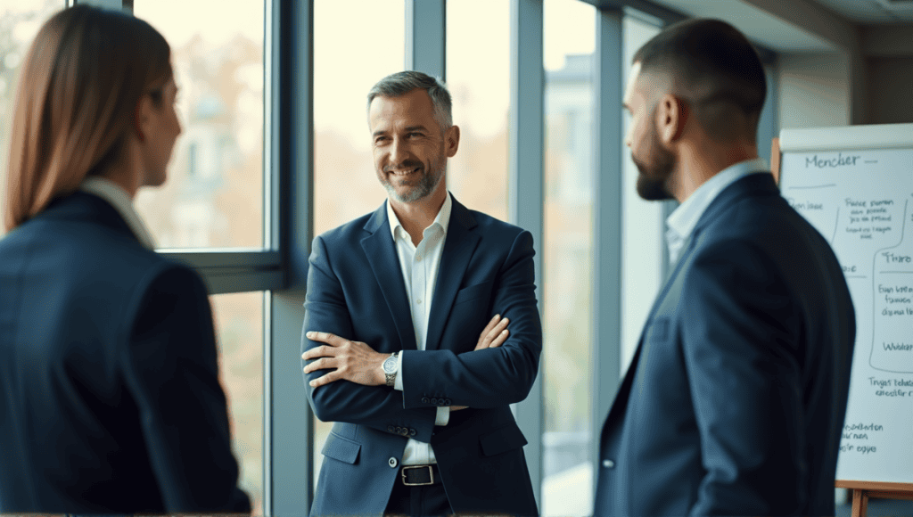 Confident leader in navy suit engaging with team in a modern office setting.